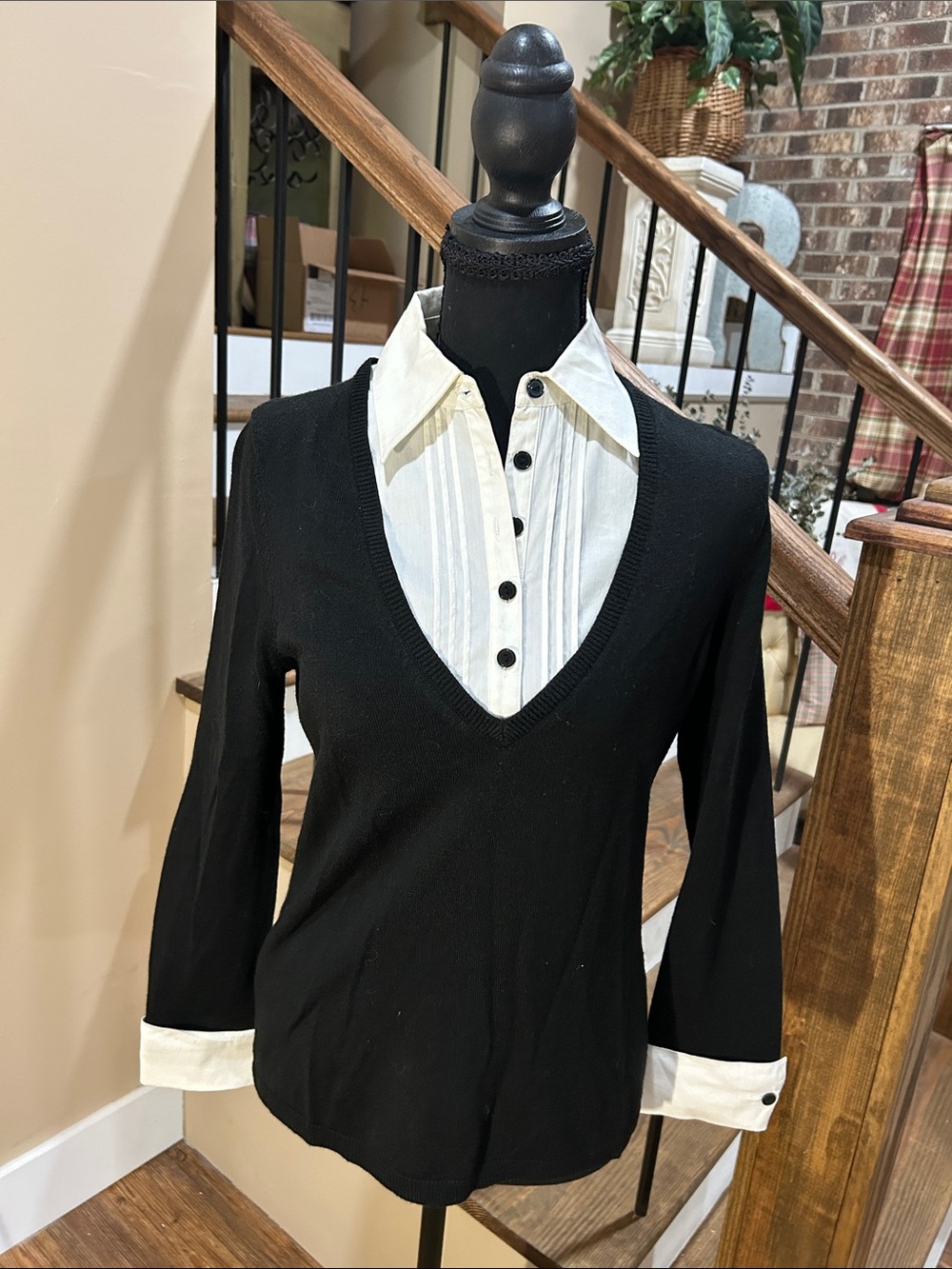 LOFT S Black Wool blend Sweater with White Shirt Placket Detail